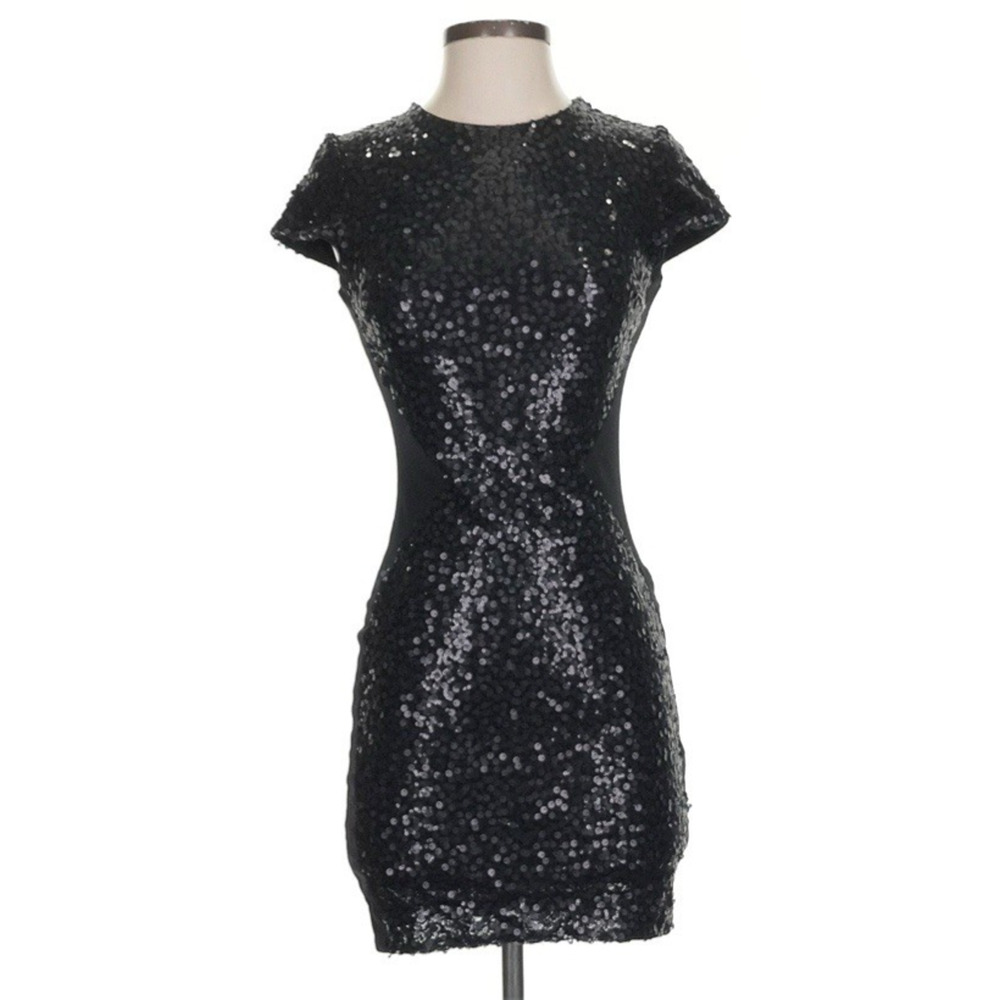 Dress the Population Black Sequin Bodycon Mini Dress Cap Sleeve Size S - Picture 3 of 9
